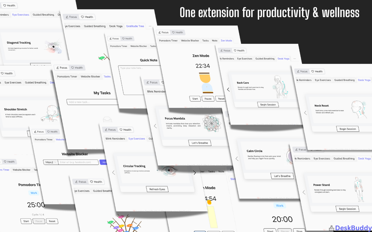 DeskBuddy Chrome extension interface for focus and productivity tools