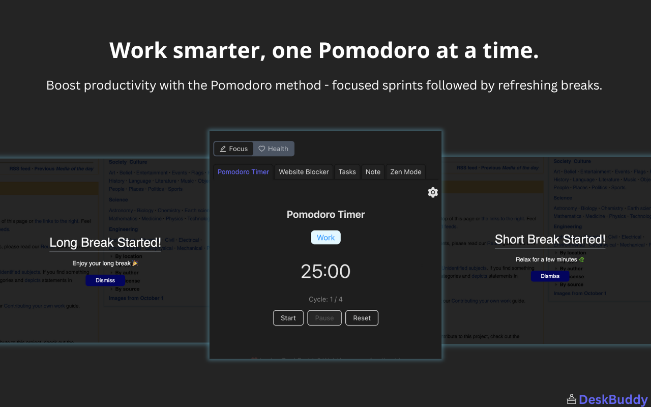 DeskBuddy Chrome extension interface for focus and productivity tools